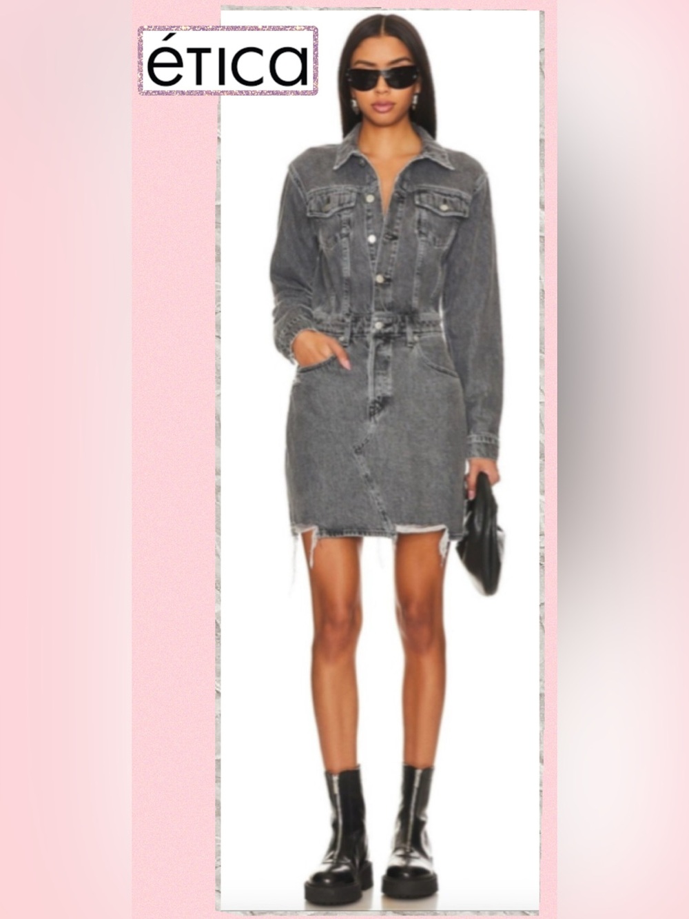 NWT Etica x Free‎ People Lotta Long Sleeve Denim Mini Dress Black
